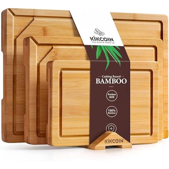 Kikcoin Bamboo Cutting Boards Set with Handles and Stand